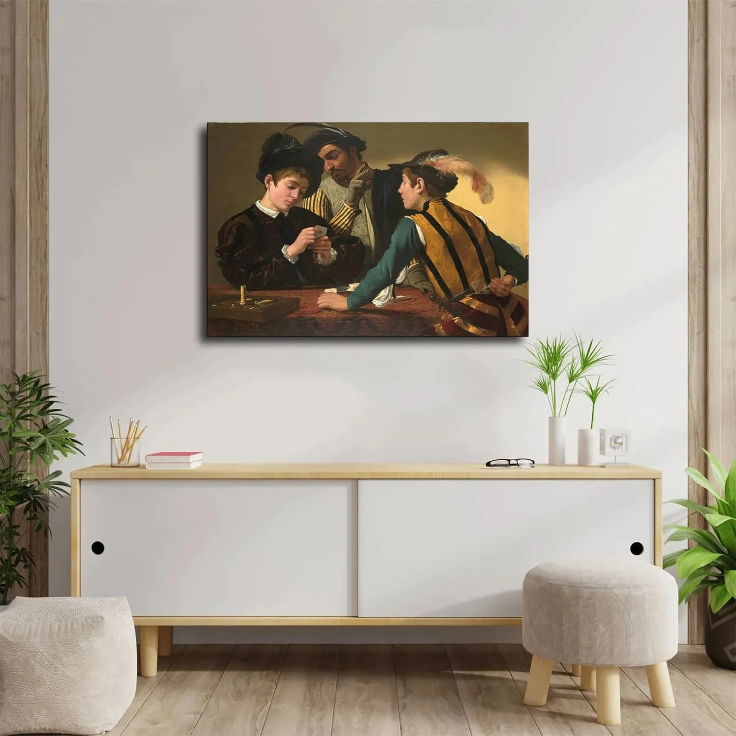 Caravaggio - (Michelangelo Merisi) The Cardsharps Poster Wall Art Canvas Painting HD Picture Print for Modern Family Living Room Bedroom Background Wall Decor (16×24inch Framed)