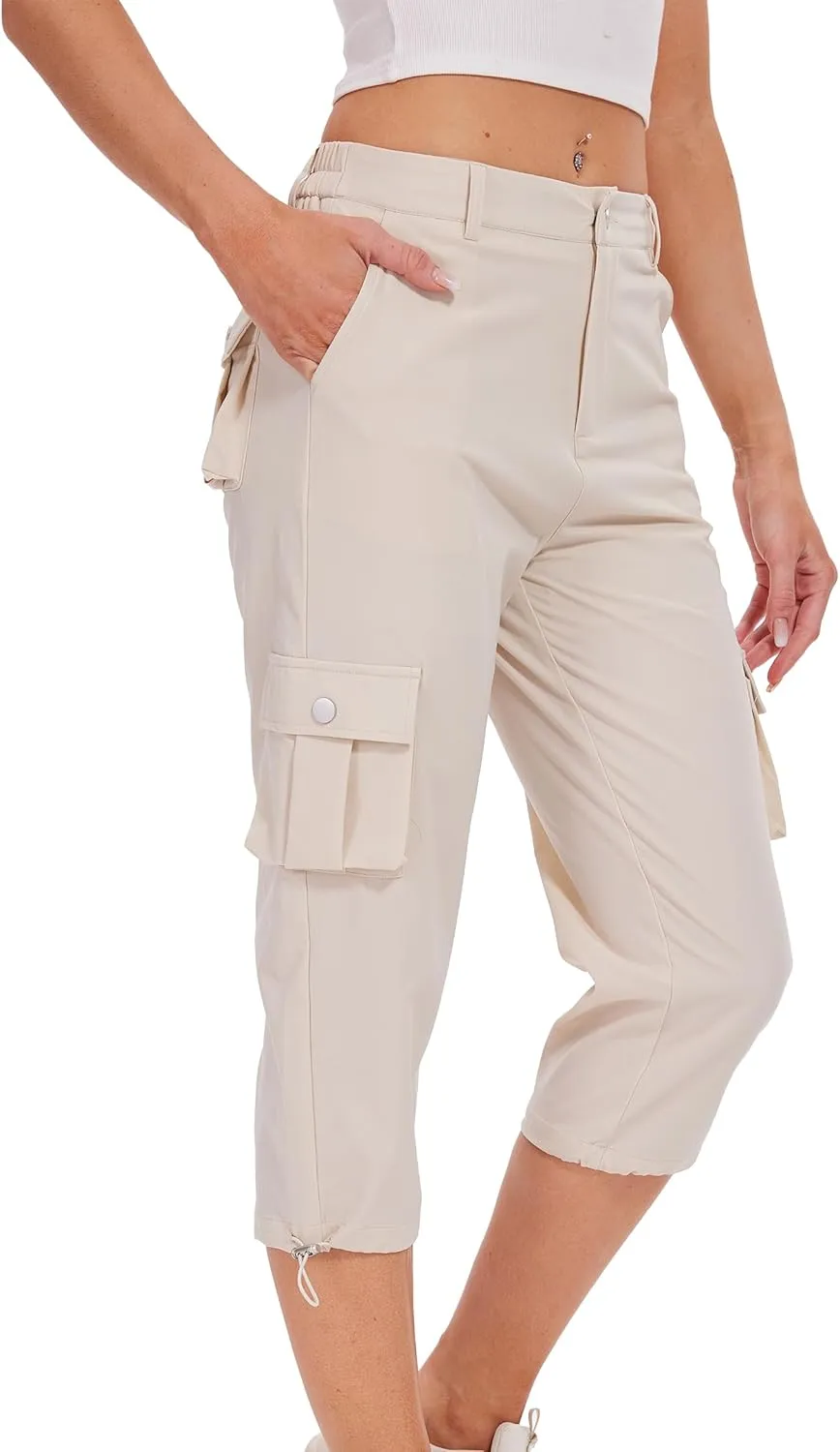 Cargo Capris for Women Hiking Pants Casual Summer Quick Dry Outdoor Travel Pull On Capri with 6 Pockets