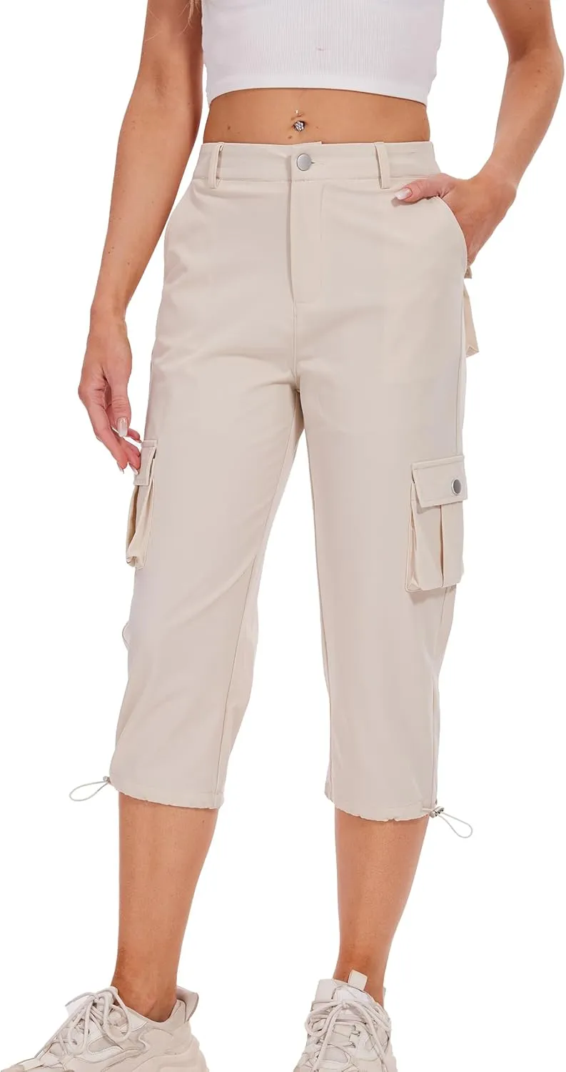 Cargo Capris for Women Hiking Pants Casual Summer Quick Dry Outdoor Travel Pull On Capri with 6 Pockets