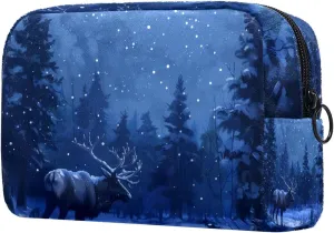 Caribou Tree Forest Night Small Makeup Bag for Purse, Portable Cosmetic Bag Zipper Makeup Pouch for Women, Stationery, Toiletries, Travel Accessories