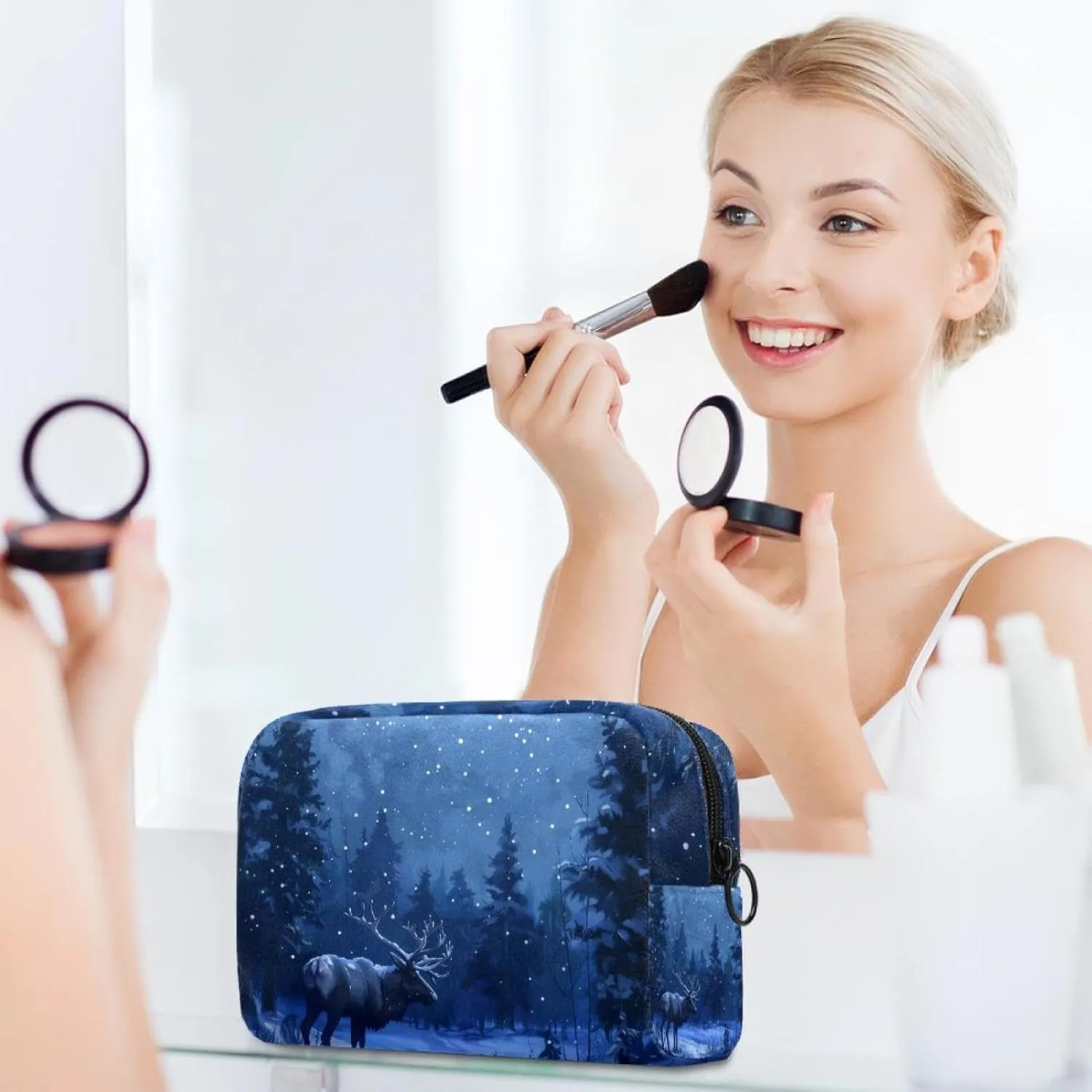Caribou Tree Forest Night Small Makeup Bag for Purse, Portable Cosmetic Bag Zipper Makeup Pouch for Women, Stationery, Toiletries, Travel Accessories