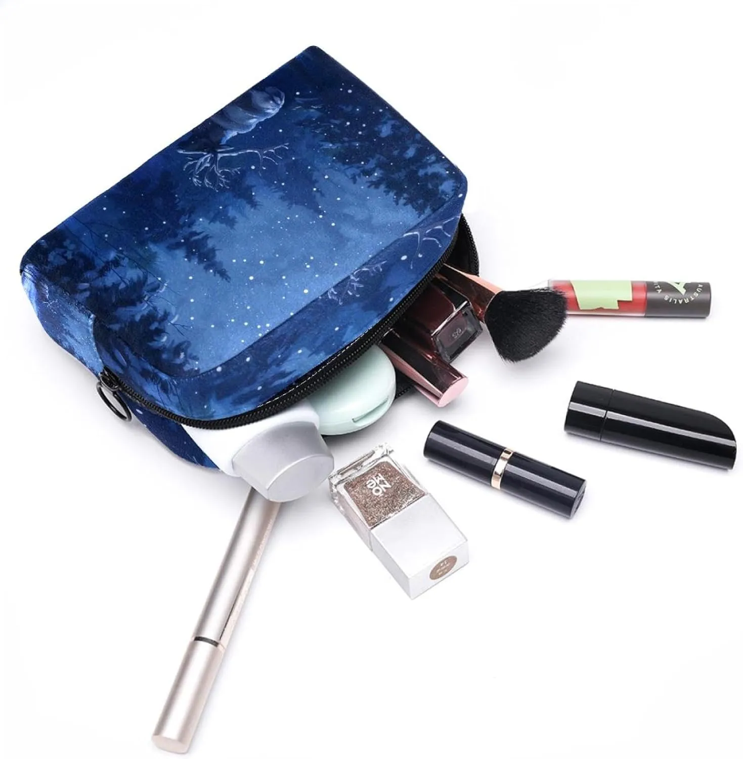 Caribou Tree Forest Night Small Makeup Bag for Purse, Portable Cosmetic Bag Zipper Makeup Pouch for Women, Stationery, Toiletries, Travel Accessories