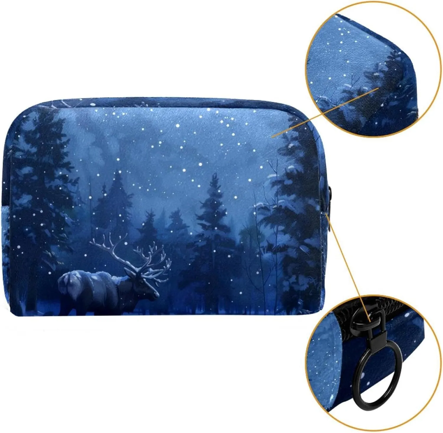 Caribou Tree Forest Night Small Makeup Bag for Purse, Portable Cosmetic Bag Zipper Makeup Pouch for Women, Stationery, Toiletries, Travel Accessories