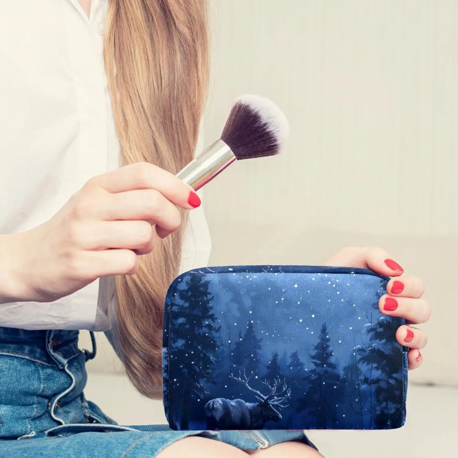 Caribou Tree Forest Night Small Makeup Bag for Purse, Portable Cosmetic Bag Zipper Makeup Pouch for Women, Stationery, Toiletries, Travel Accessories
