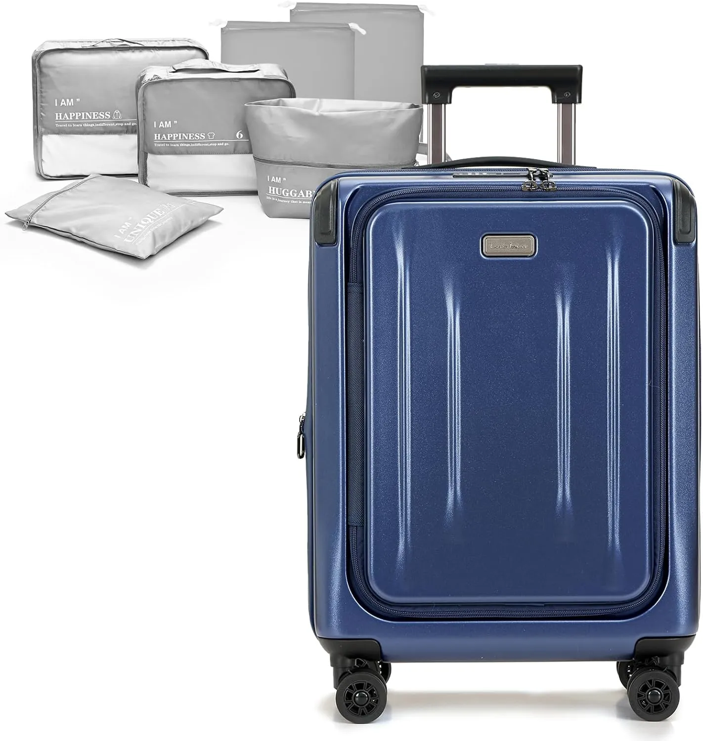 Carry On Luggage, 20 Inch Top Opening Aluminum Frame Lightweight Airline Approved ABS PC Hard Shell Suitcases with Silent Wheels, TSA Lock, Front Pocket & Wet-dry Separated Six-piece Set (Dark Blue)