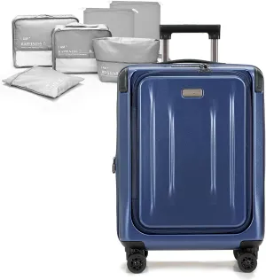 Carry On Luggage, 20 Inch Top Opening Aluminum Frame Lightweight Airline Approved ABS PC Hard Shell Suitcases with Silent Wheels, TSA Lock, Front Pocket & Wet-dry Separated Six-piece Set (Dark Blue)
