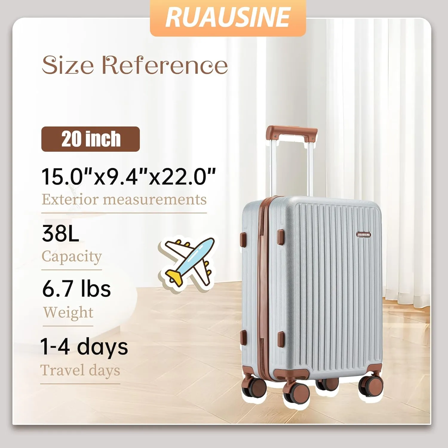 Carry on Luggage Airline Approved, Hardside Carry-on Suitcase with Spinner Wheels, Hard Shell Lightweight Small Travel Luggage with TSA Lock (Silvery, 20 IN)
