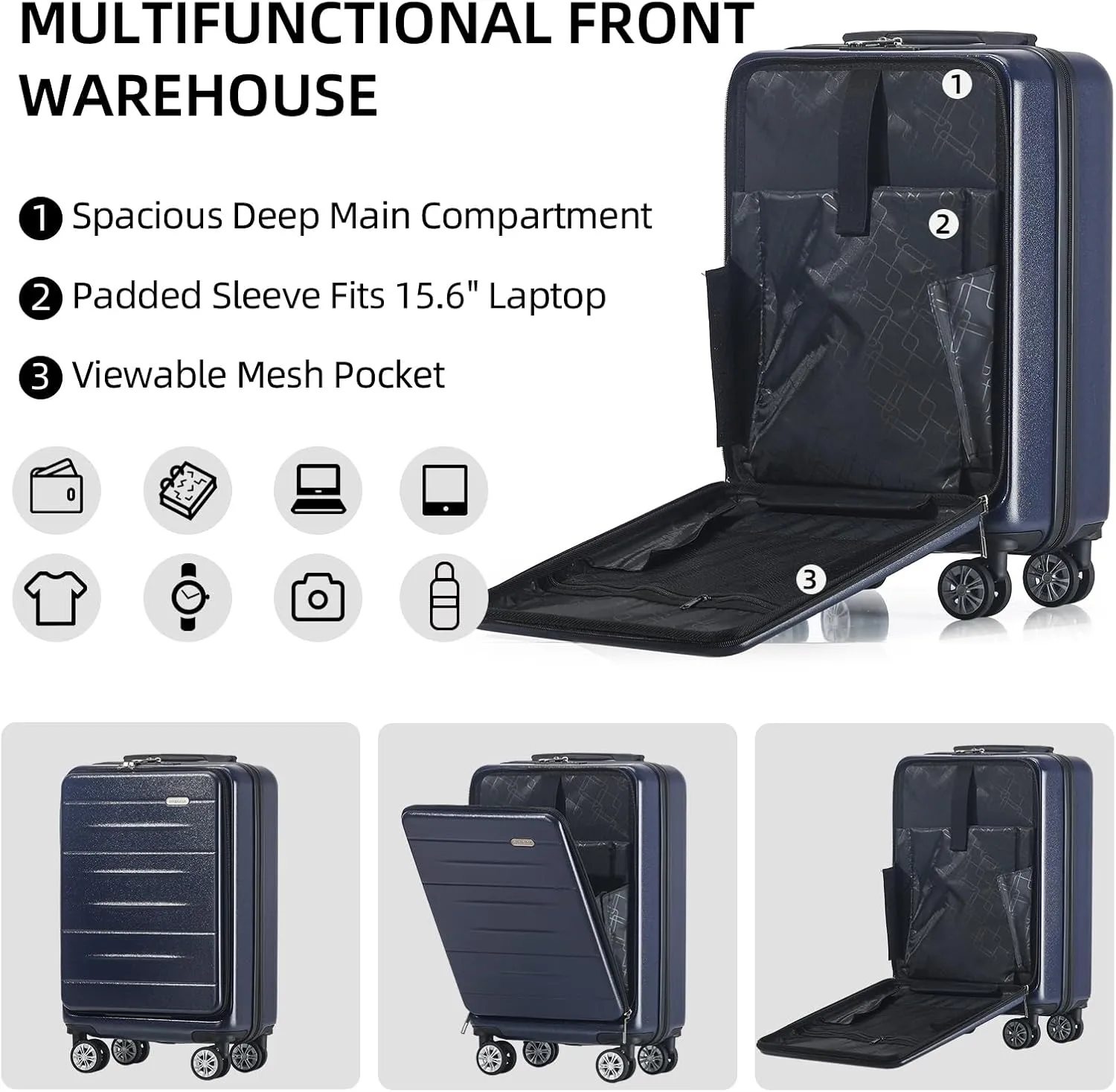 Carry On Luggage Set 3 Piece Hard Shell Suitcases Front Opening with TSA Lock Spinner Wheels (Dark blue, 3 piece set)