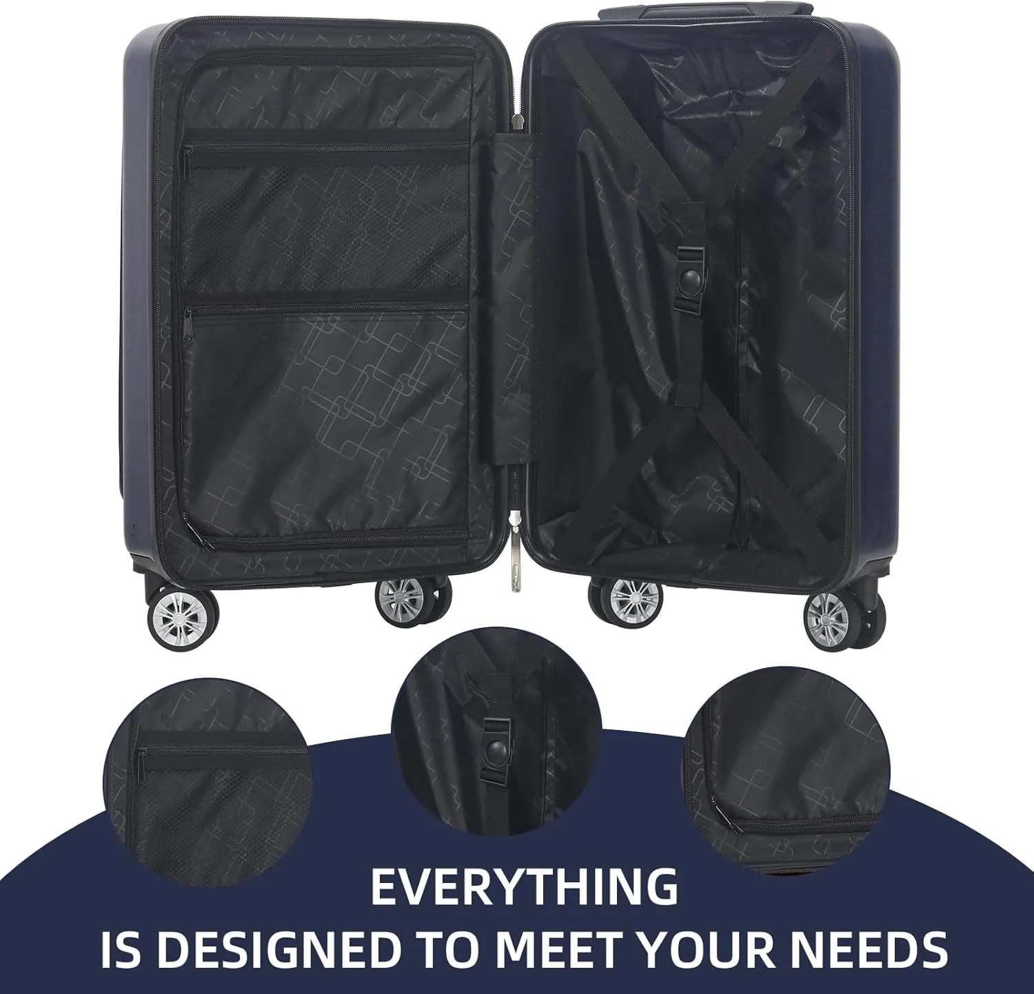Carry On Luggage Set 3 Piece Hard Shell Suitcases Front Opening with TSA Lock Spinner Wheels (Dark blue, 3 piece set)