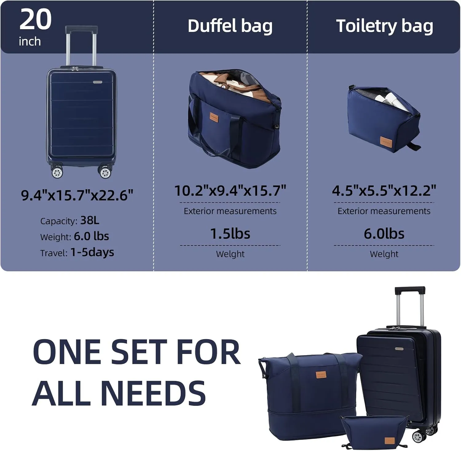 Carry On Luggage Set 3 Piece Hard Shell Suitcases Front Opening with TSA Lock Spinner Wheels (Dark blue, 3 piece set)