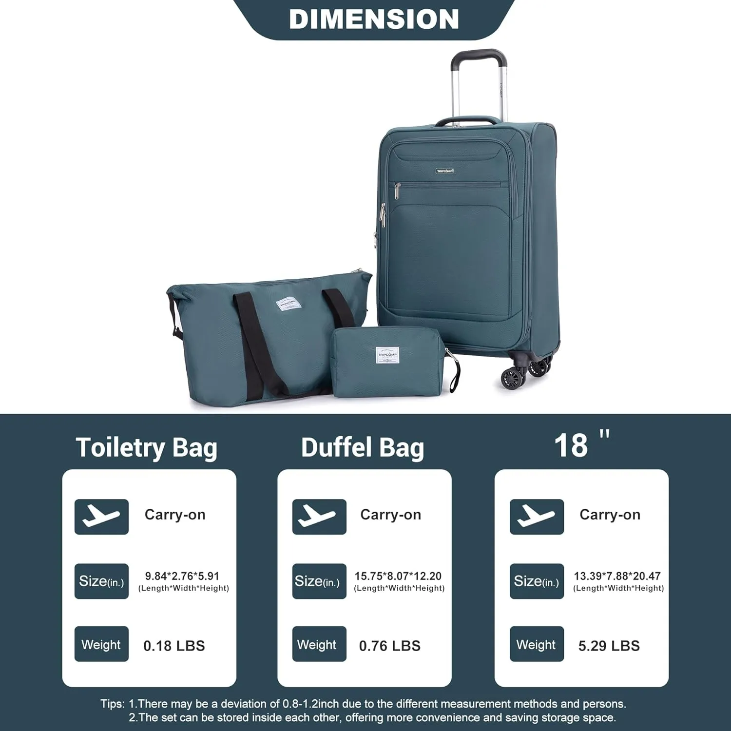 Carry-on Luggage Sets 3 Piece Softside Lightweight Suitcase With Spinner Wheels Duffel Bag And Toiletry Bag(10" 16" 18"), Dark Green