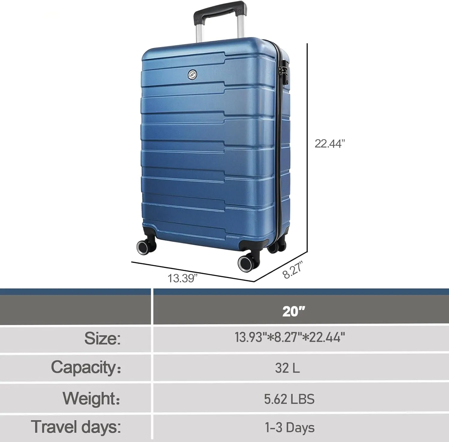 Carry On Luggage with Wheels,20 inch Hard Shell Rolling Suitcase for Travel,Lightweight Small Carry-On Luggage for Plane,Dark Blue