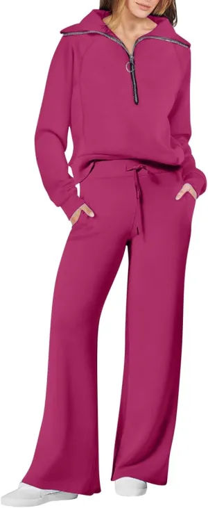 Casual 2 Piece Sportwears for Women Trendy Half Zip Sweatshirt Wide Leg Sweatpant Sets Casual Solid Color Tracksuits