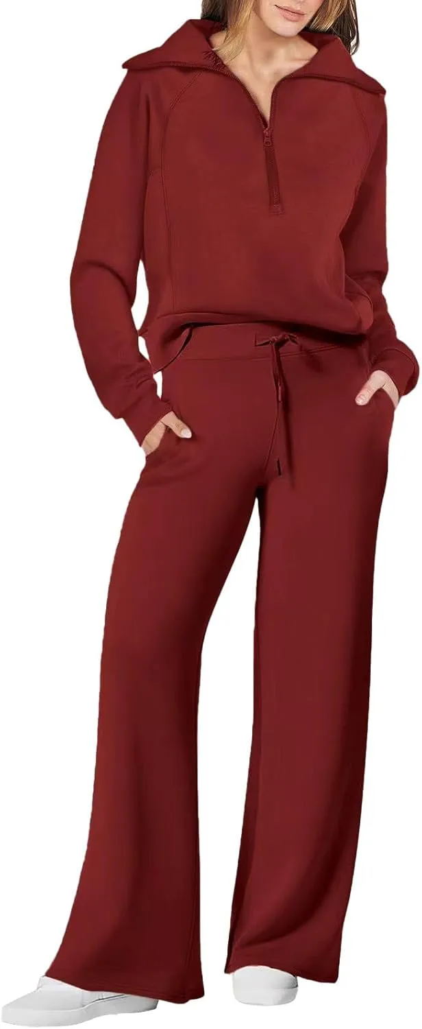 Casual 2 Piece Sportwears for Women Trendy Half Zip Sweatshirt Wide Leg Sweatpant Sets Casual Solid Color Tracksuits