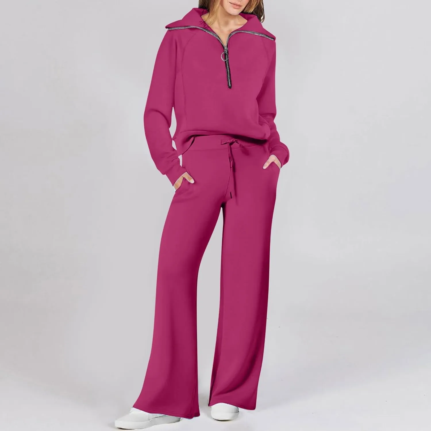 Casual 2 Piece Sportwears for Women Trendy Half Zip Sweatshirt Wide Leg Sweatpant Sets Casual Solid Color Tracksuits