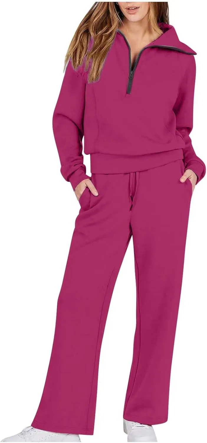 Casual 2 Piece Sportwears for Women Trendy Half Zip Sweatshirt Wide Leg Sweatpant Sets Casual Solid Color Tracksuits
