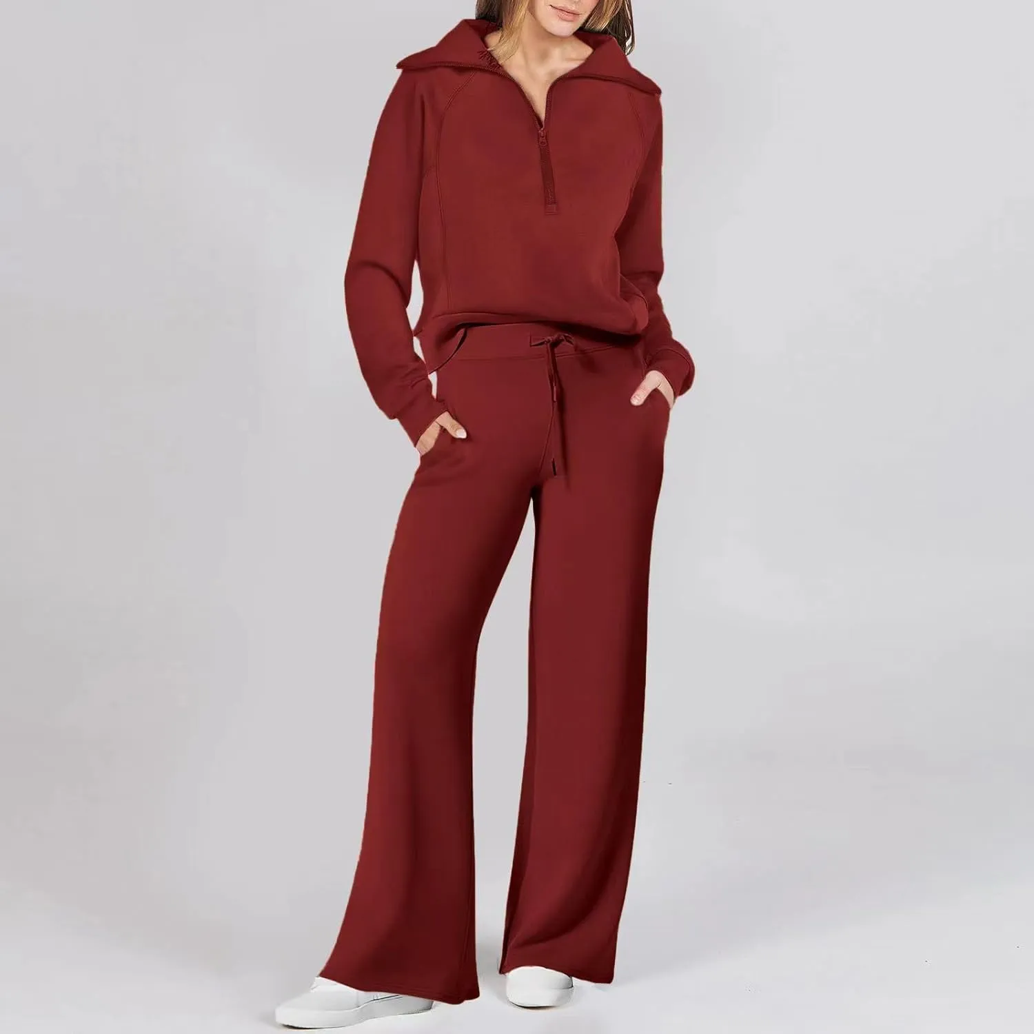 Casual 2 Piece Sportwears for Women Trendy Half Zip Sweatshirt Wide Leg Sweatpant Sets Casual Solid Color Tracksuits