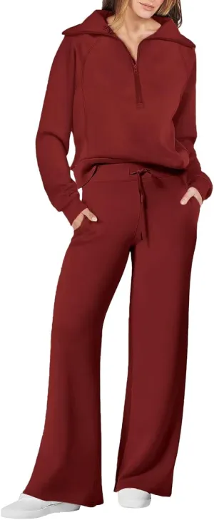 Casual 2 Piece Sportwears for Women Trendy Half Zip Sweatshirt Wide Leg Sweatpant Sets Casual Solid Color Tracksuits