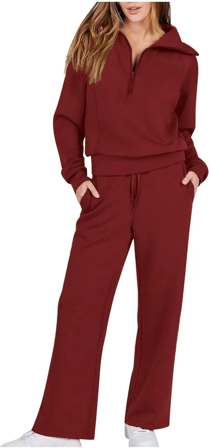 Casual 2 Piece Sportwears for Women Trendy Half Zip Sweatshirt Wide Leg Sweatpant Sets Casual Solid Color Tracksuits