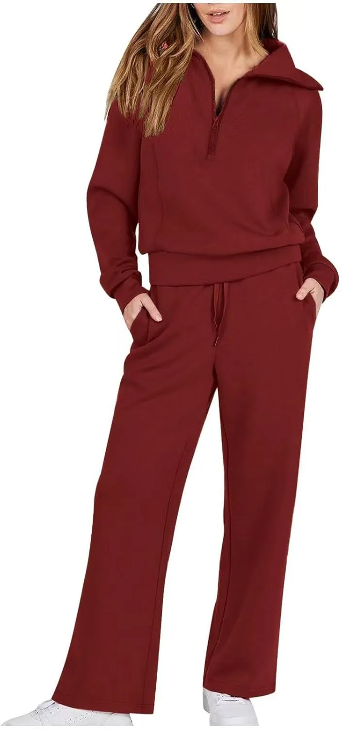 Casual 2 Piece Sportwears for Women Trendy Half Zip Sweatshirt Wide Leg Sweatpant Sets Casual Solid Color Tracksuits