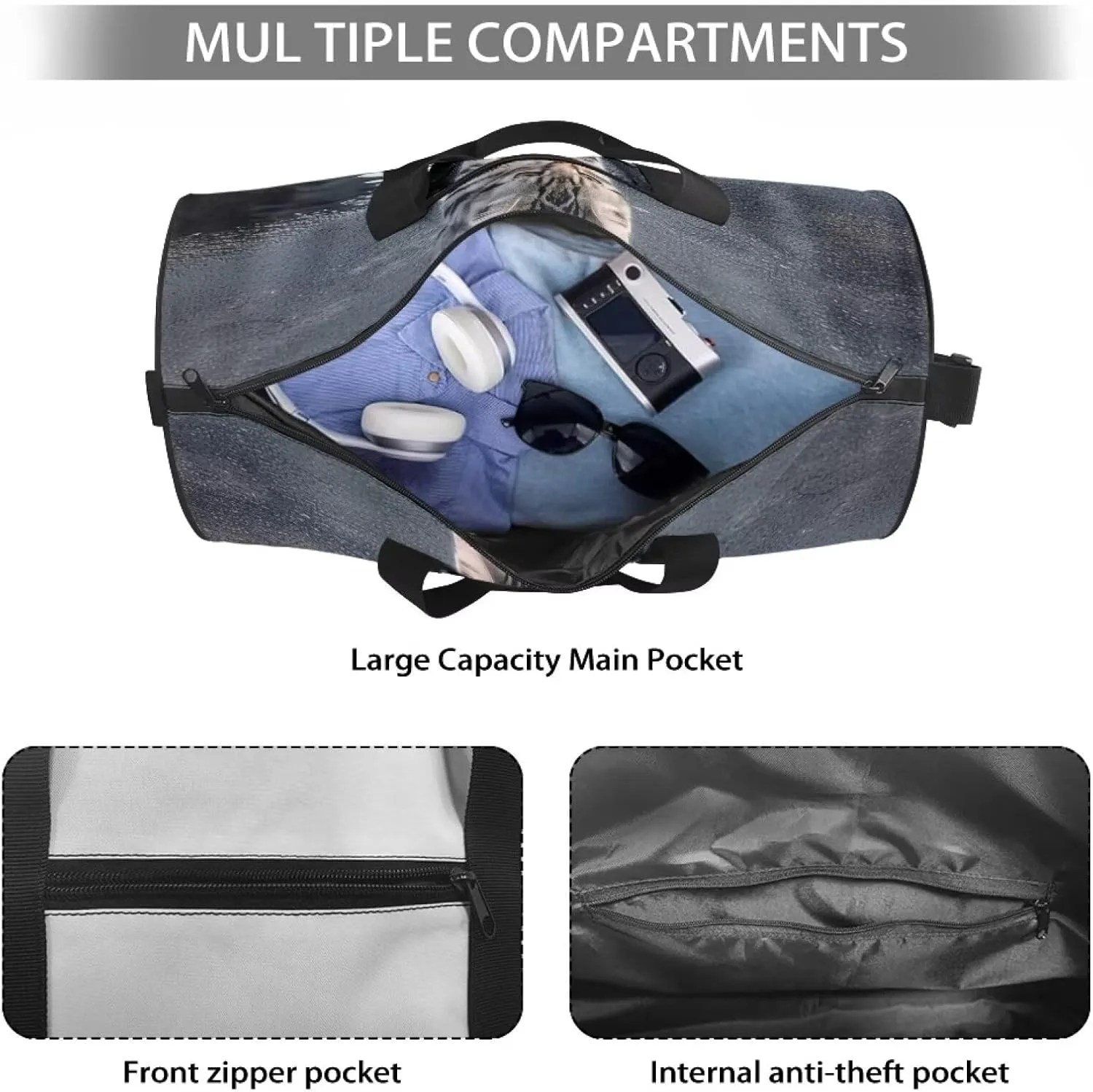 Cat Print Tiger 55L Sports Duffle Bags Large Gym Duffel Bag Workout Bag for Women - Grey