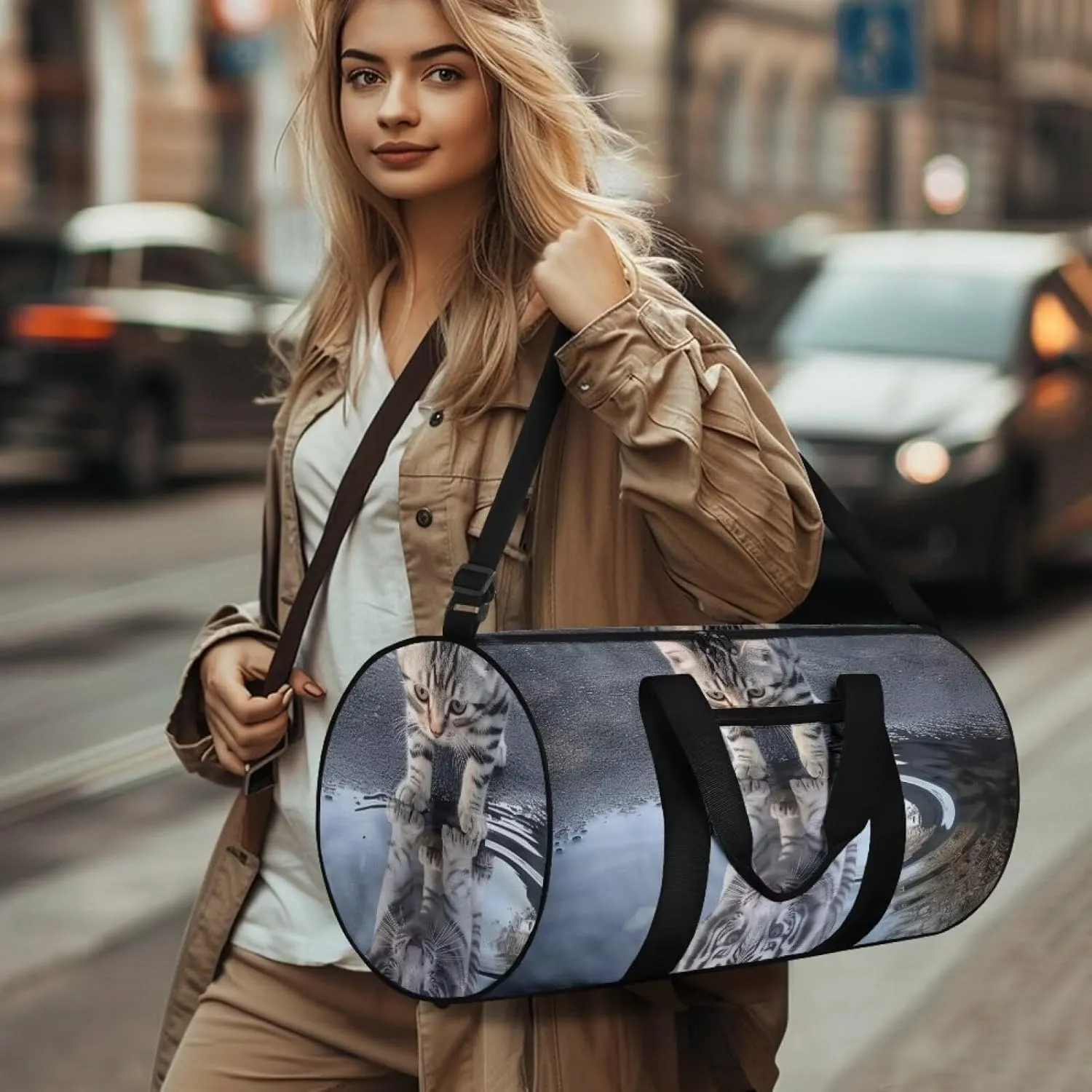 Cat Print Tiger 55L Sports Duffle Bags Large Gym Duffel Bag Workout Bag for Women - Grey