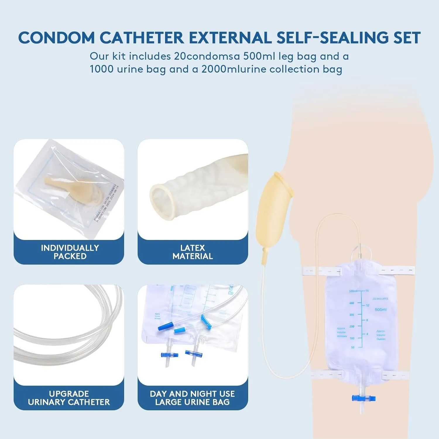 Catheter External Self-Sealing Set, 20 pcs Soft Latex, 1 pcs 500 ml Leg Bag, 1 pcs 1000 ml Urine Bag, 1 pcs Extra Large Catheter 2000 ml Urine Bag - External Catheter for Men, Day and Night Use