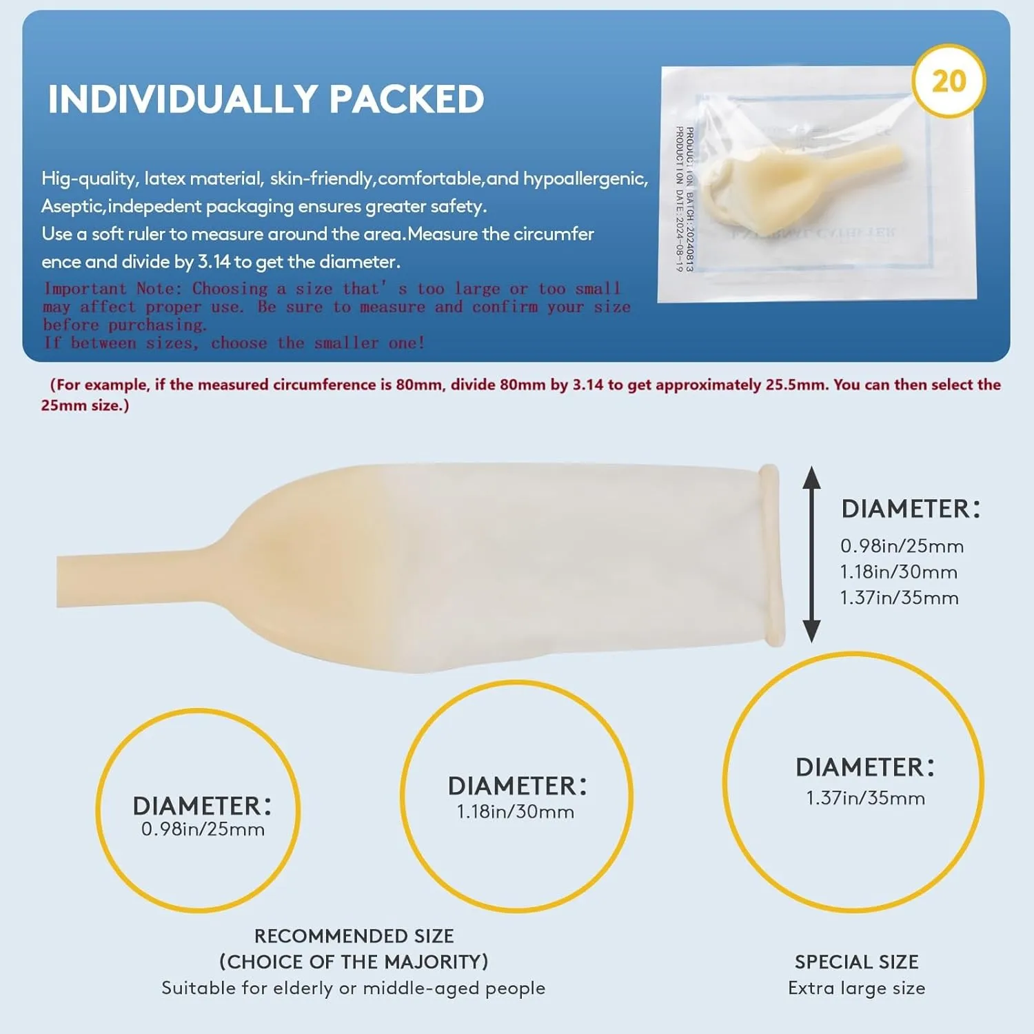 Catheter External Self-Sealing Set, 20 pcs Soft Latex, 1 pcs 500 ml Leg Bag, 1 pcs 1000 ml Urine Bag, 1 pcs Extra Large Catheter 2000 ml Urine Bag - External Catheter for Men, Day and Night Use