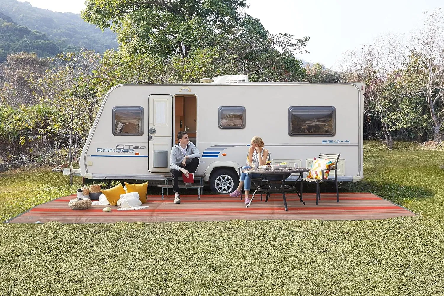CGEAR RV Comfort Mat – Patented Sand-Free Technology with Ultra Soft Material – Sized to Your RV, Campsite, Beach House – Great Outdoor Patio Rug or Camping (Earthy Stripe, 4' x 5')