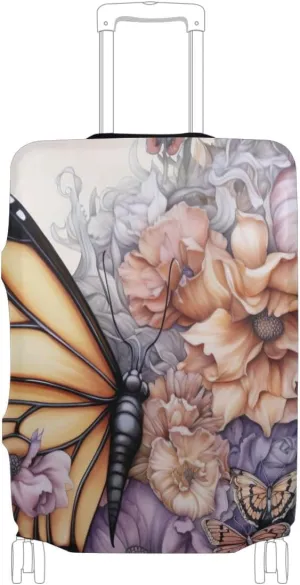 CHIFIGNO Butterfly and Flowers Suitcase Protective Cover Elastic Luggage Cover with Concealed Zippers for 18-32 Inch Luggage L Fits 26-28 Inch