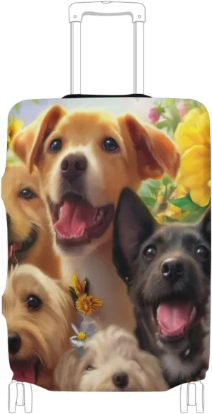 CHIFIGNO Dogs with Flowers Travel Bag Cover Luggage Covers Protectors Fits 18-32 Inch Luggage L Fits 26-28 Inch