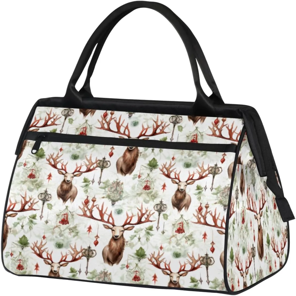 Christmas Reindeer Green Leaves Gym Bag for Women Men, Travel Sports Duffel Bag with Trolley Sleeve, Waterproof Sports Gym Bag Weekender Overnight Bag Carry On Tote Bag for Travel Gym Sport