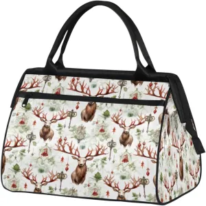 Christmas Reindeer Green Leaves Gym Bag for Women Men, Travel Sports Duffel Bag with Trolley Sleeve, Waterproof Sports Gym Bag Weekender Overnight Bag Carry On Tote Bag for Travel Gym Sport