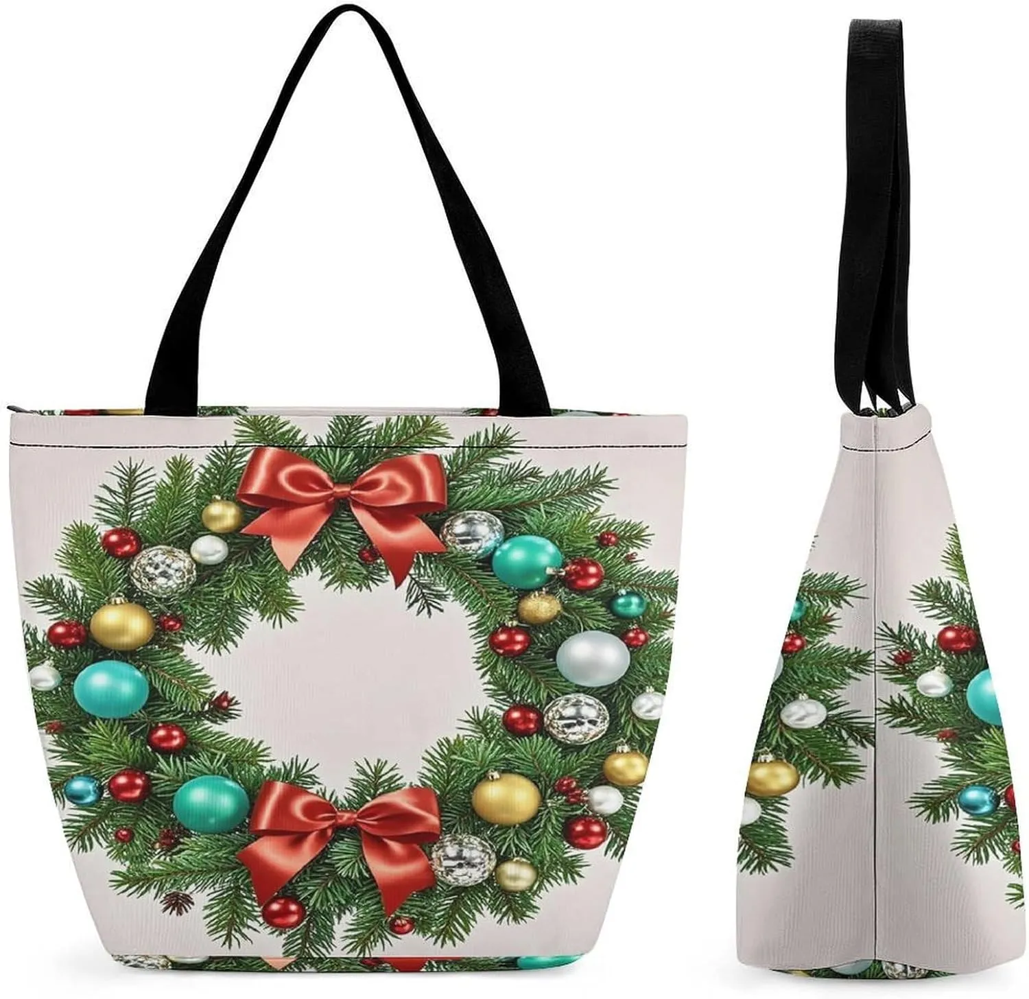 Christmas Wreath of Evergreen Branches Tote Bags Reusable Grocery Bags Shopping Zippered Tote for Office Graduation Travel
