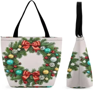Christmas Wreath of Evergreen Branches Tote Bags Reusable Grocery Bags Shopping Zippered Tote for Office Graduation Travel