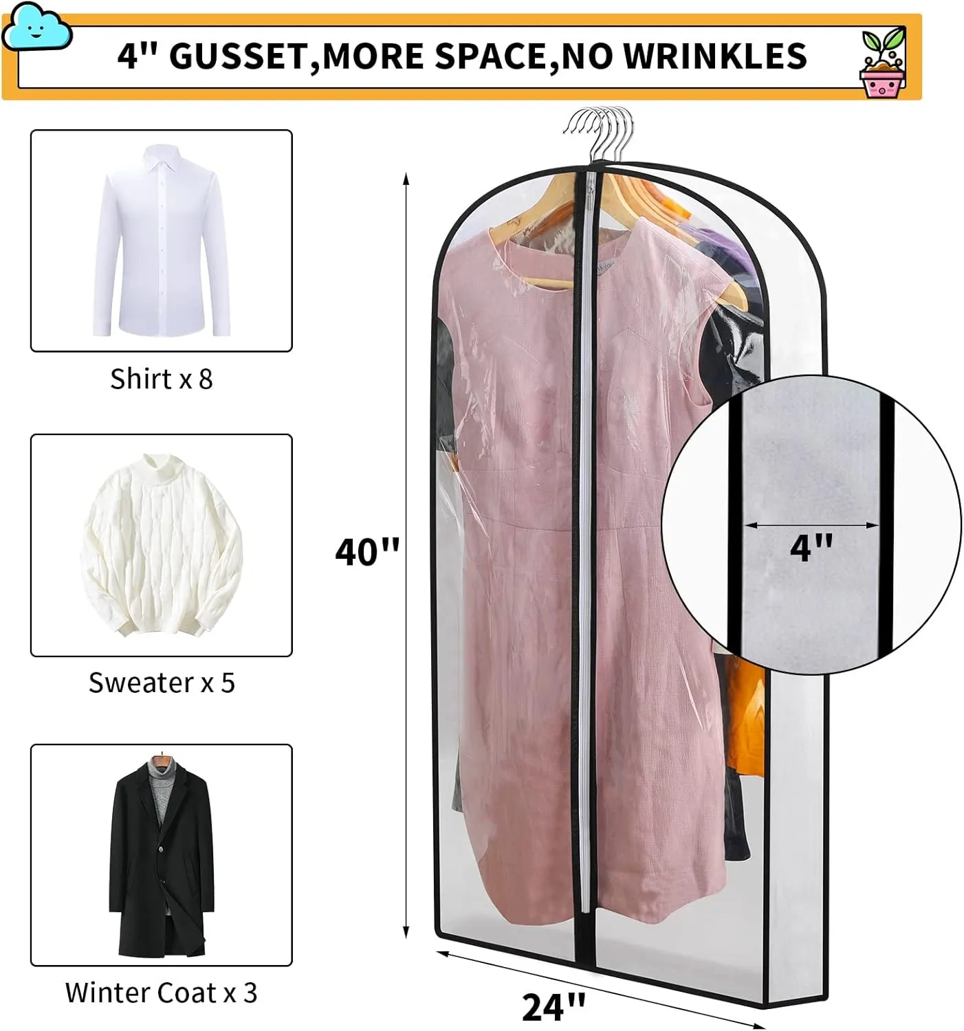 Clear Garment Bags for Hanging Clothes Storage 4" Gusset Suit Bags for Closet Storage Bags Dust Covers for Clothes Sweater Bags Garment Cover Clothes Protector 24"x 40"x 4", 5 Pack