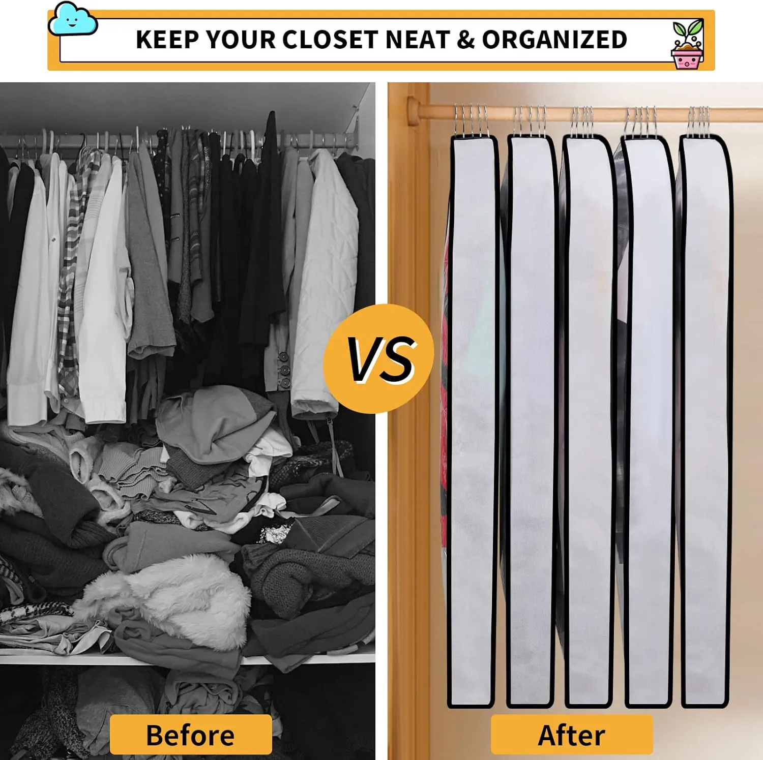 Clear Garment Bags for Hanging Clothes Storage 4" Gusset Suit Bags for Closet Storage Bags Dust Covers for Clothes Sweater Bags Garment Cover Clothes Protector 24"x 40"x 4", 5 Pack