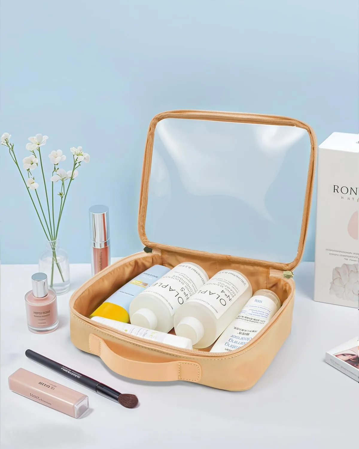 Clear Makeup Bags - TSA Approved Toiletry Bag with Handle Large Opening, Clear Toiletry Bags for Traveling Travel Essentials Travel Size Toiletries Car Accessories for Women (Large Sand)