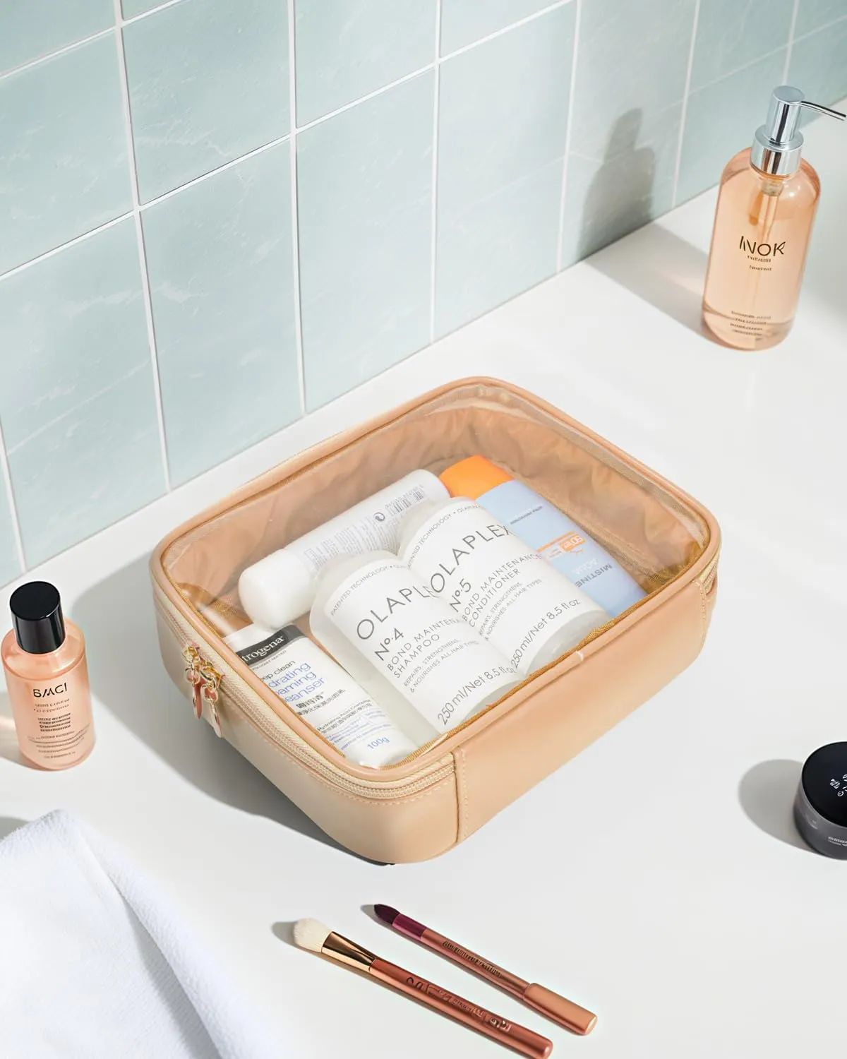 Clear Makeup Bags - TSA Approved Toiletry Bag with Handle Large Opening, Clear Toiletry Bags for Traveling Travel Essentials Travel Size Toiletries Car Accessories for Women (Large Sand)