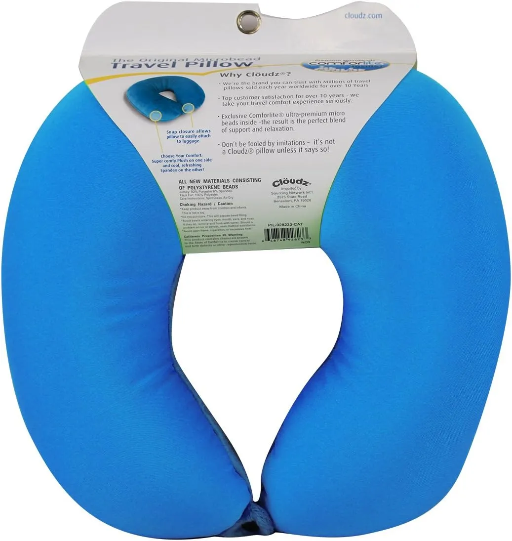 Cloudz Dual Comfort Microbead Airplane Travel Neck Pillow. Soft Cozy Plush Fabric on One Side, Cool Relaxing Spandex on The Other! Customize Your Comfort and Support at Home or On The Go! Bright Blue