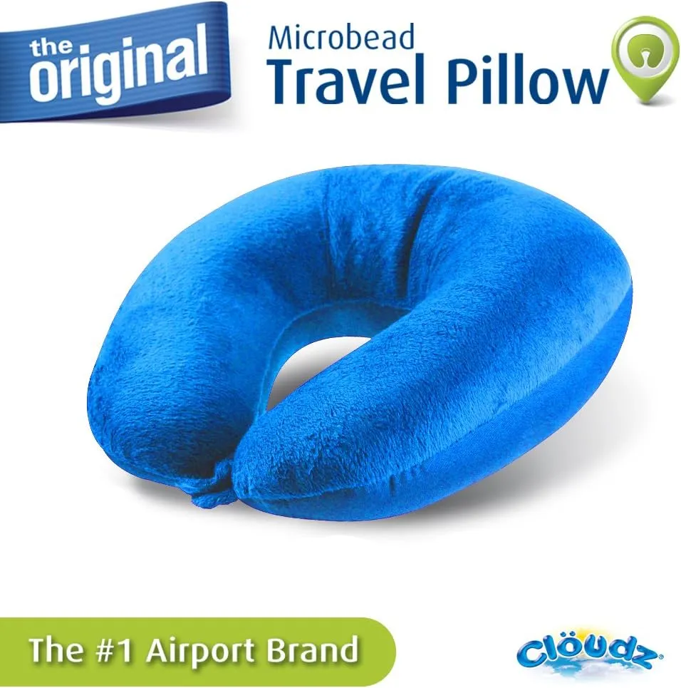 Cloudz Dual Comfort Microbead Airplane Travel Neck Pillow. Soft Cozy Plush Fabric on One Side, Cool Relaxing Spandex on The Other! Customize Your Comfort and Support at Home or On The Go! Bright Blue