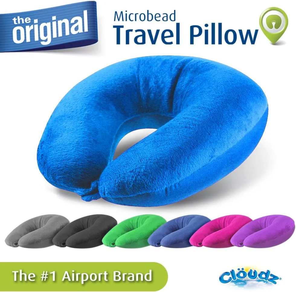 Cloudz Dual Comfort Microbead Airplane Travel Neck Pillow. Soft Cozy Plush Fabric on One Side, Cool Relaxing Spandex on The Other! Customize Your Comfort and Support at Home or On The Go! Bright Blue