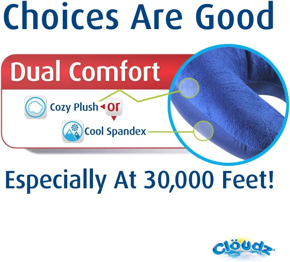 Cloudz Dual Comfort Microbead Airplane Travel Neck Pillow. Super Soft Cozy Plush Fabric on One Side, Cool Relaxing Spandex on The Other! Customize Your Comfort and Support at Home or On The Go!- Blue