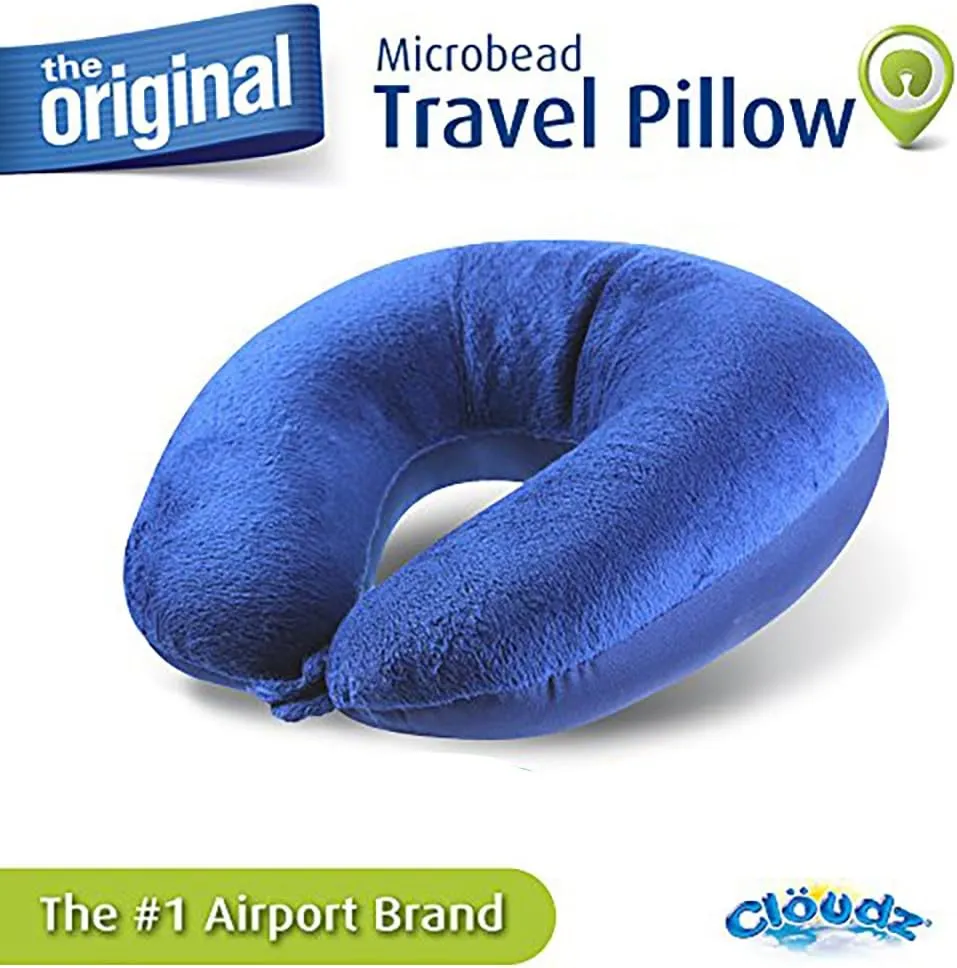 Cloudz Dual Comfort Microbead Airplane Travel Neck Pillow. Super Soft Cozy Plush Fabric on One Side, Cool Relaxing Spandex on The Other! Customize Your Comfort and Support at Home or On The Go!- Blue