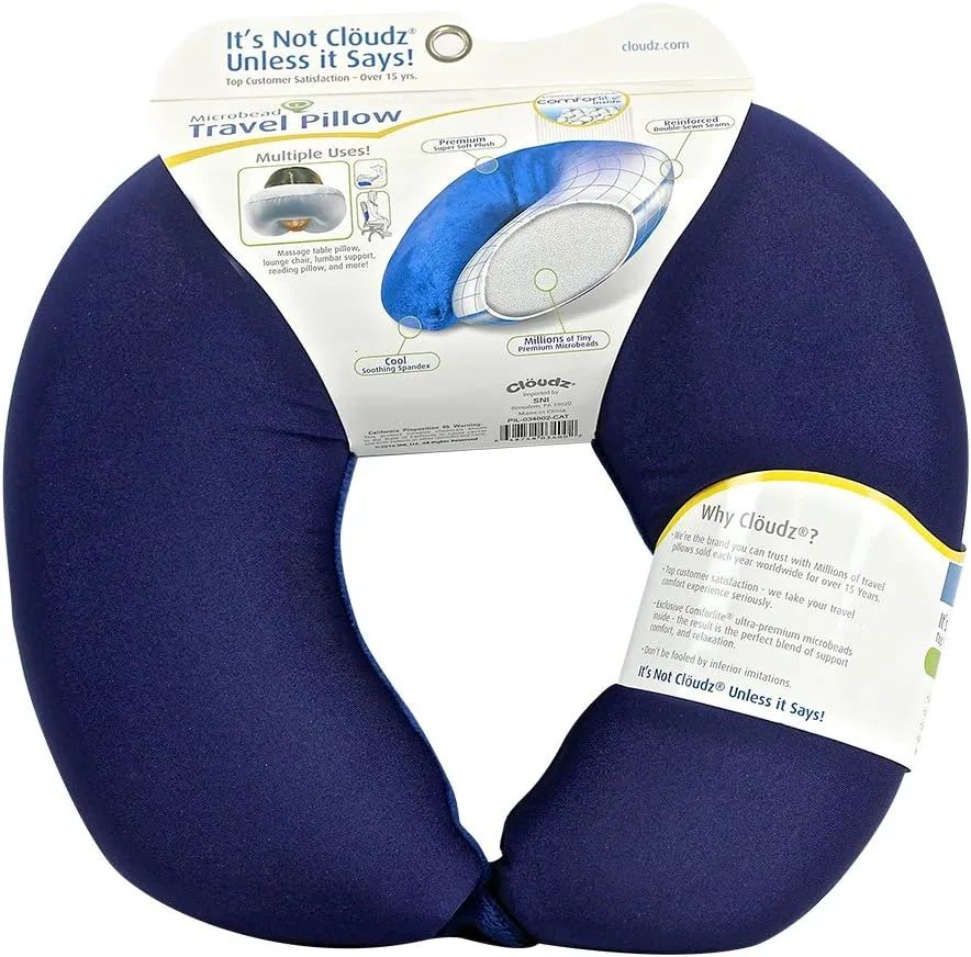 Cloudz Dual Comfort Microbead Airplane Travel Neck Pillow. Super Soft Cozy Plush Fabric on One Side, Cool Relaxing Spandex on The Other! Customize Your Comfort and Support at Home or On The Go!- Blue