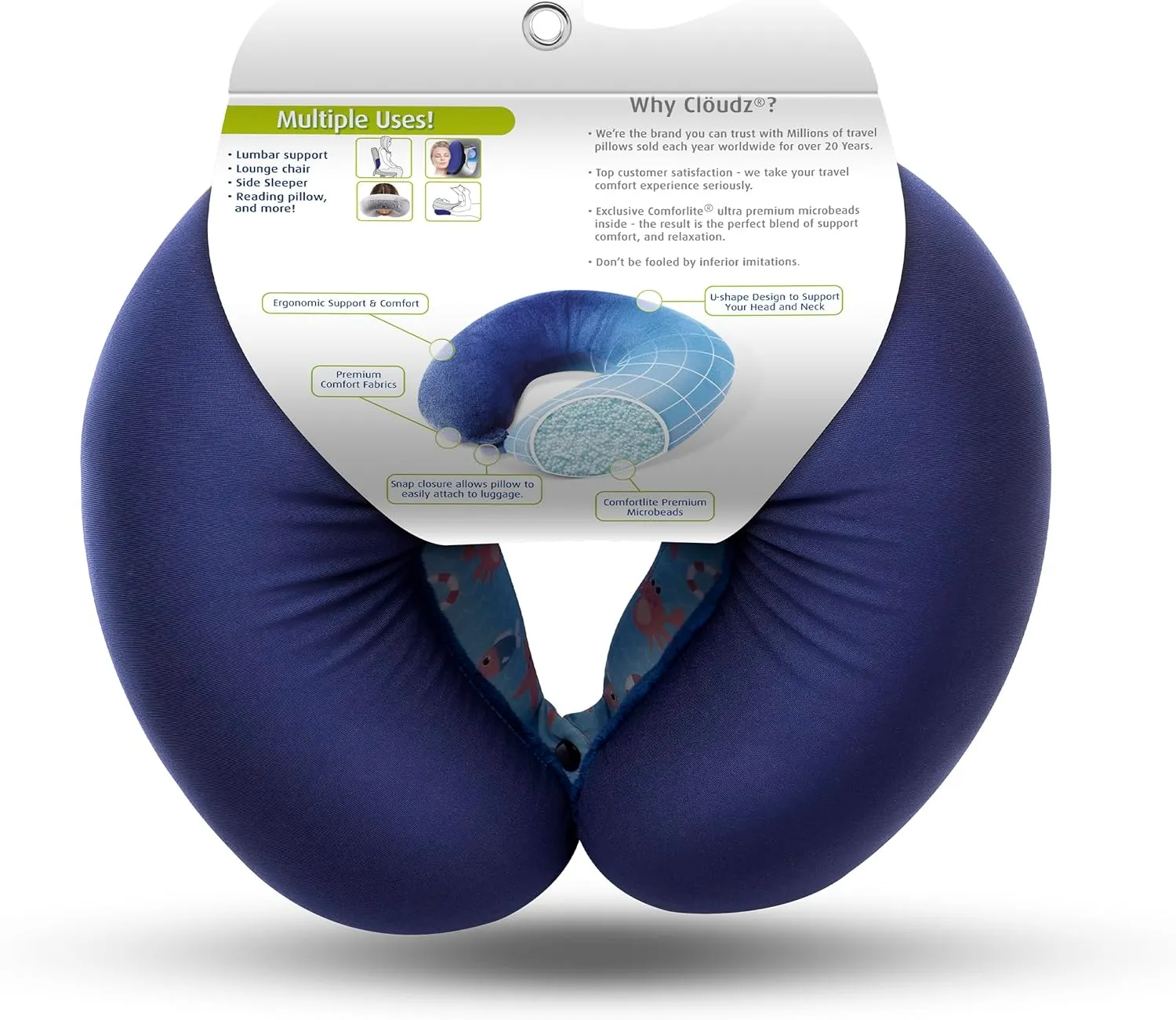 Cloudz (Set of 2 Adult & Kids/Youth Microbead Airplane Travel Neck Pillows : (1) Adult Travel Neck Pillow - Blue & (1) Kids Travel Neck Pillow - Sea Life