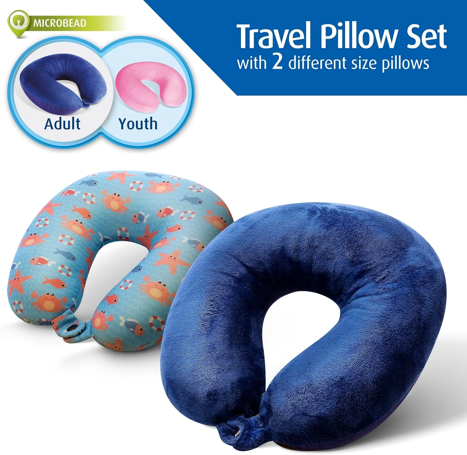 Cloudz (Set of 2 Adult & Kids/Youth Microbead Airplane Travel Neck Pillows : (1) Adult Travel Neck Pillow - Blue & (1) Kids Travel Neck Pillow - Sea Life