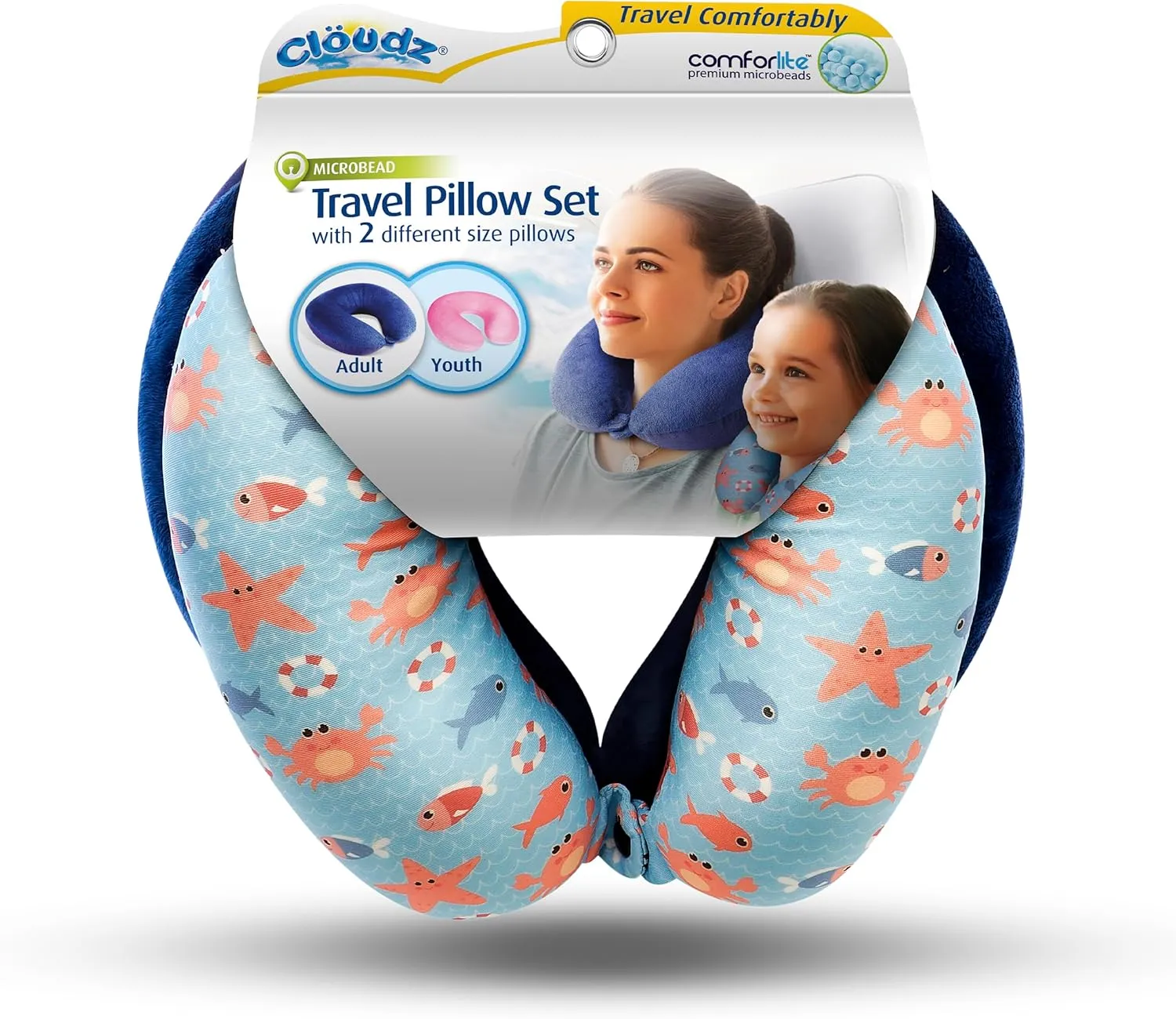 Cloudz (Set of 2 Adult & Kids/Youth Microbead Airplane Travel Neck Pillows : (1) Adult Travel Neck Pillow - Blue & (1) Kids Travel Neck Pillow - Sea Life