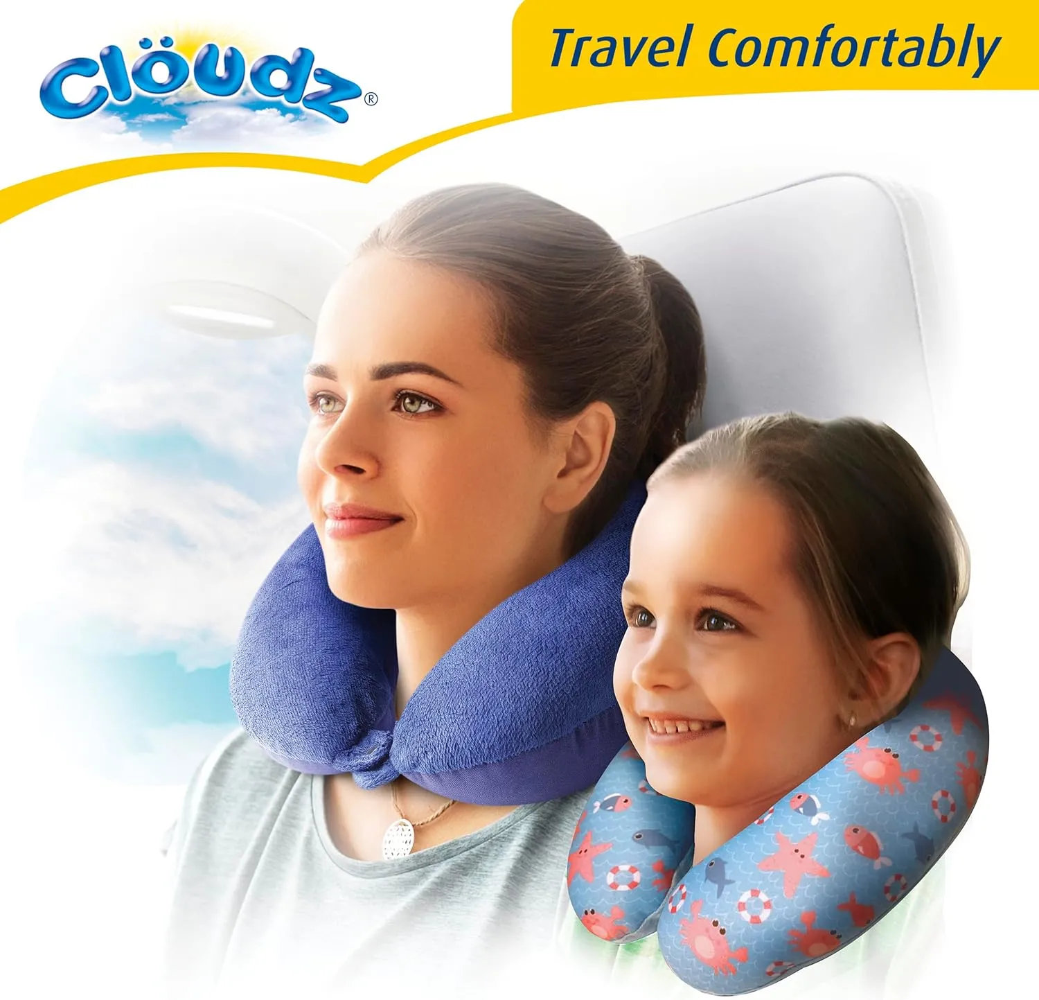 Cloudz (Set of 2 Adult & Kids/Youth Microbead Airplane Travel Neck Pillows : (1) Adult Travel Neck Pillow - Blue & (1) Kids Travel Neck Pillow - Sea Life