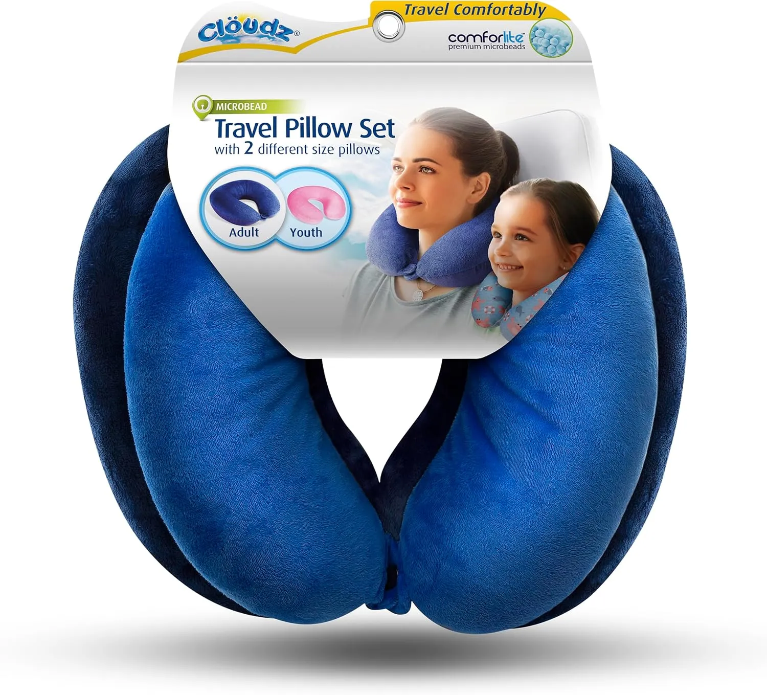 Cloudz (Set of 2 Adult & Kids/Youth Microbead Travel Neck Pillows : (1) Adult Neck Pillow - Blue & (1) Kids Neck Pillow - Blue